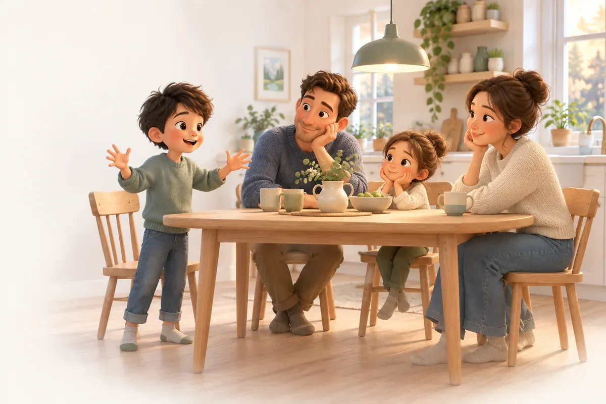 Ett barn står vid ett köksbord och berättar med stora gester medan familjen lyssnar