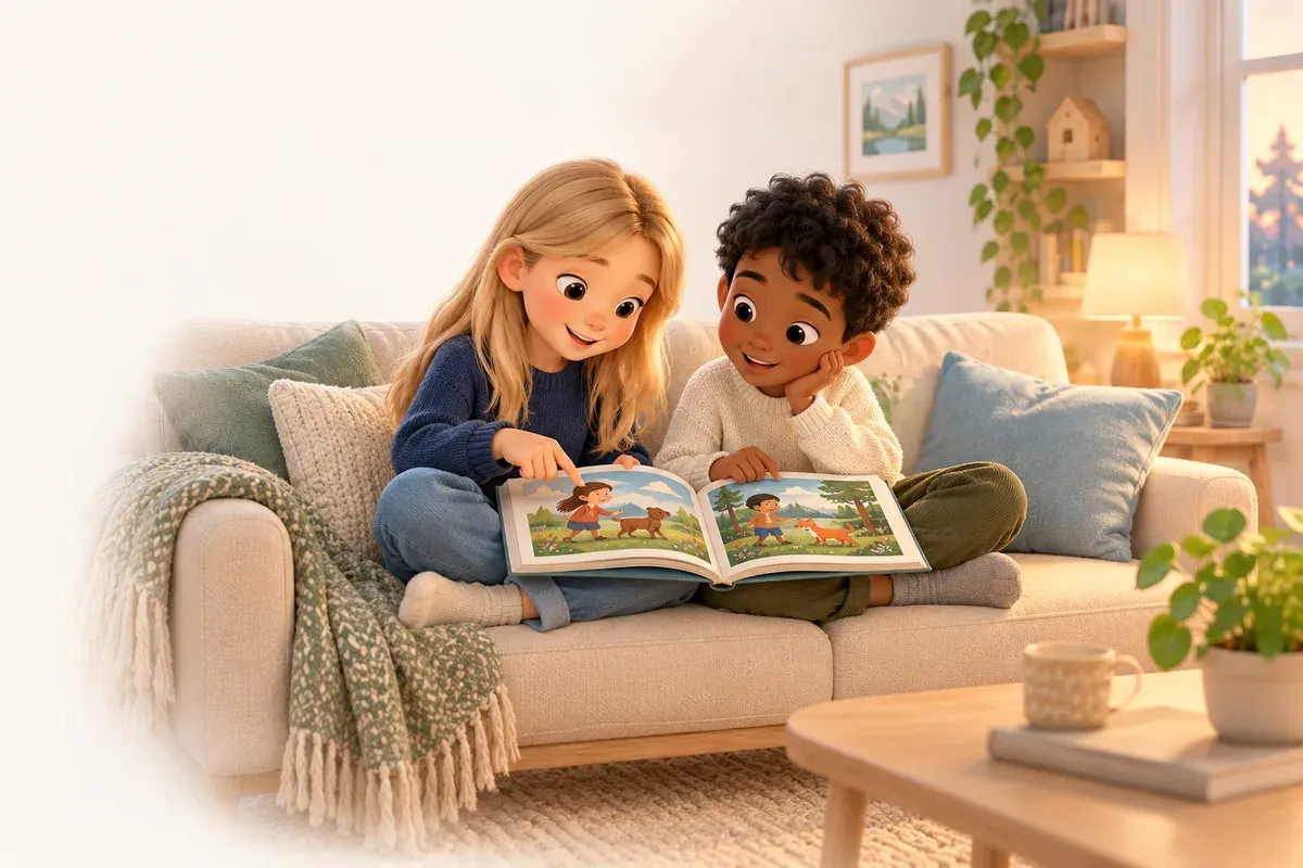 En flicka med långt rakt blont hår, ljus hud och mörkblå tröja och en pojke med kort lockigt svart hår, mörkbrun hud och vit tröja bläddrar tillsammans i en bilderbok, i en soffa i ett vardagsrum