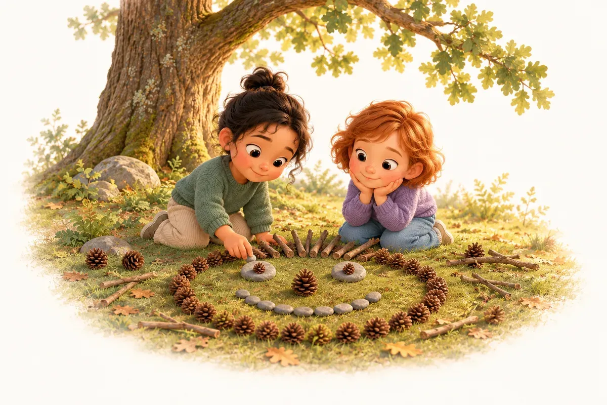 En pojke med långt rakt svart hår i en tofs, ljusbrun hud och grön tröja och en flicka med kort rött hår, fräknar, ljus hud och lila tröja lägger ett ansikte av kottar, stenar och pinnar på marken under ett stort träd på en gård