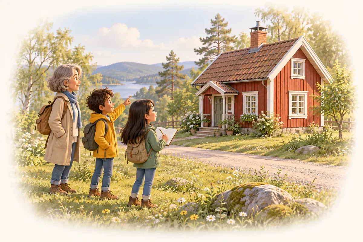 Två barn i elvaårsåldern står med en vuxen en bit från en grusväg och tittar på ett litet rött timmerhus med vita knutar: en pojke med kort mörkbrunt hår, ljusbrun hud och gul regnjacka pekar upp mot taket, och en flicka med långt rakt svart hår, ljus hud och grön jacka ritar huset i en skissbok