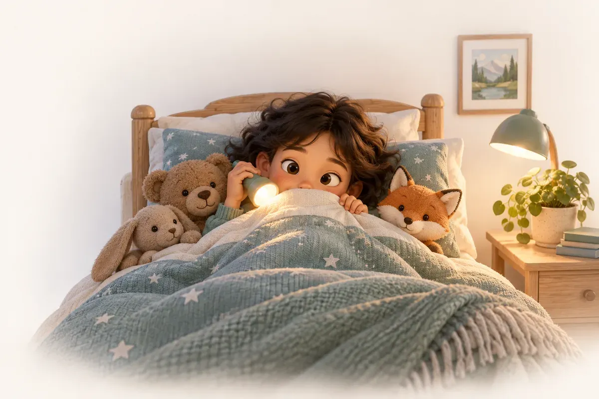 En flicka ligger i sin säng med täcket uppdraget till näsan, lyser med en ficklampa och har gosedjur runt sig