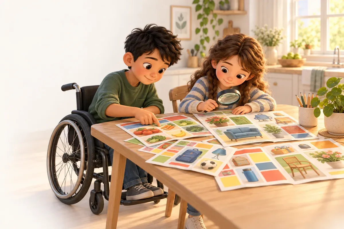Två barn i elvaårsåldern vid ett köksbord med reklamblad och en tidning utbredda framför sig: en pojke i rullstol med kort svart hår, ljusbrun hud och grön skjorta pekar på en bild, och en flicka med långt lockigt brunt hår, ljus hud och randig tröja håller i ett förstoringsglas