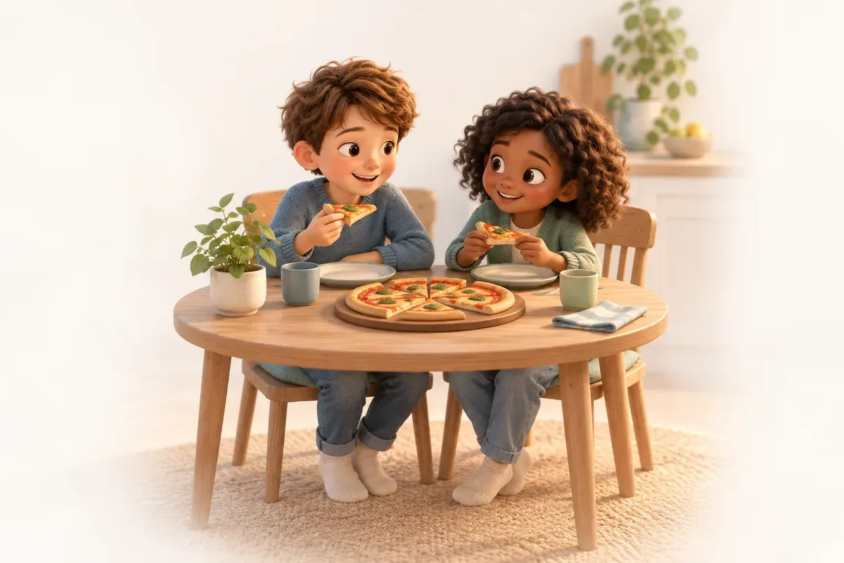 Två syskon delar en pizza i lika stora bitar vid ett köksbord