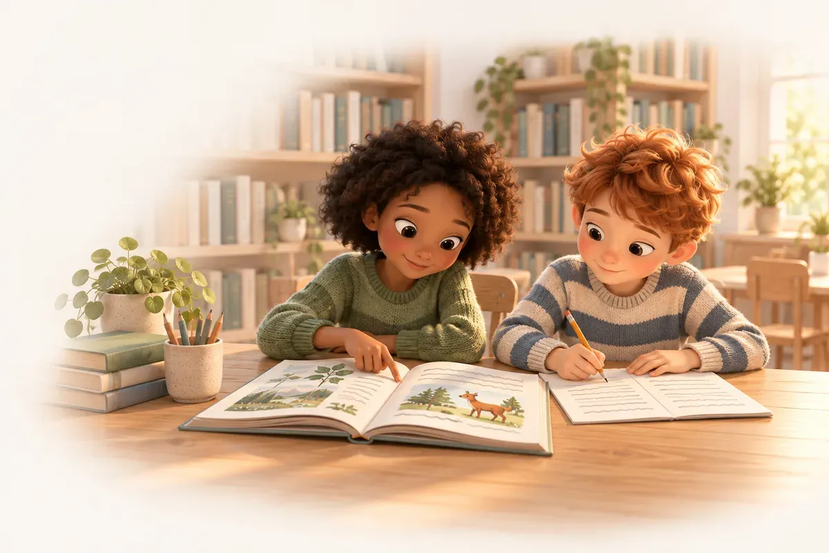 Två barn i tolvårsåldern vid ett bord på ett bibliotek: en flicka med kort afro, mörk hud och grön tröja pekar i en uppslagen bok, och en pojke med rött lockigt hår, fräknar och randig tröja skriver ord i två kolumner på ett papper