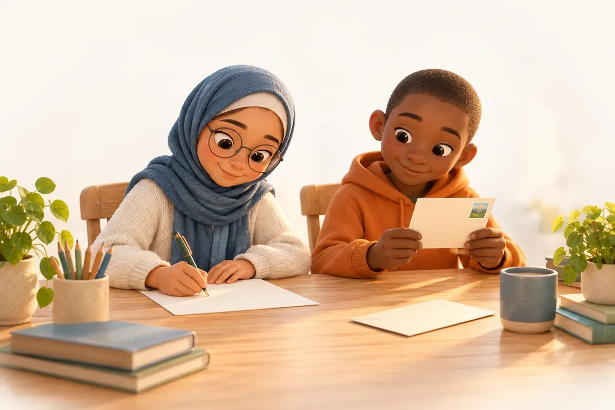 En flicka i tolvårsåldern med ljusbrun hud, hijab och glasögon sitter vid ett skrivbord och skriver ett brev, och bredvid henne läser en pojke med rakat hår, mörk hud och orange luvtröja ett vykort med ett frimärke