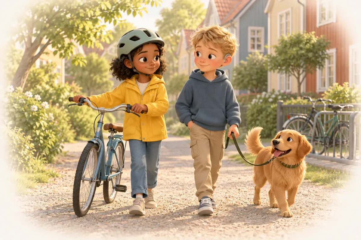En flicka i tioårsåldern med mörk hud, korta lockar och gul regnjacka och cykelhjälm leder sin cykel längs en grusgång bredvid en pojke med ljus hud, blont hår och hörapparat som går med en hund i koppel, och i bakgrunden finns radhus och ett cykelställ