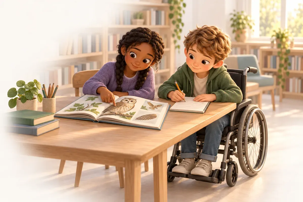 Två barn i elvaårsåldern i ett bibliotek: en flicka med mörk hudton, flätor och lila tröja pekar i en uppslagen faktabok med en bild av en uggla, och en pojke i rullstol med kort ljust hår och grön jacka skriver på ett block bredvid henne