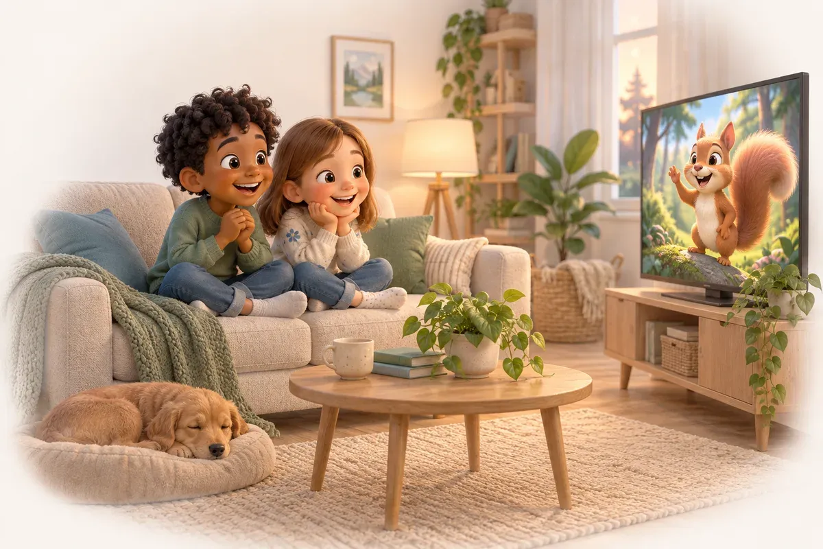 En pojke med lockigt svart hår och mörkbrun hudton och en flicka med rakt ljusbrunt hår och ljus hudton sitter tätt ihop i en soffa i ett vardagsrum och skrattar åt en tecknad film på tv:n