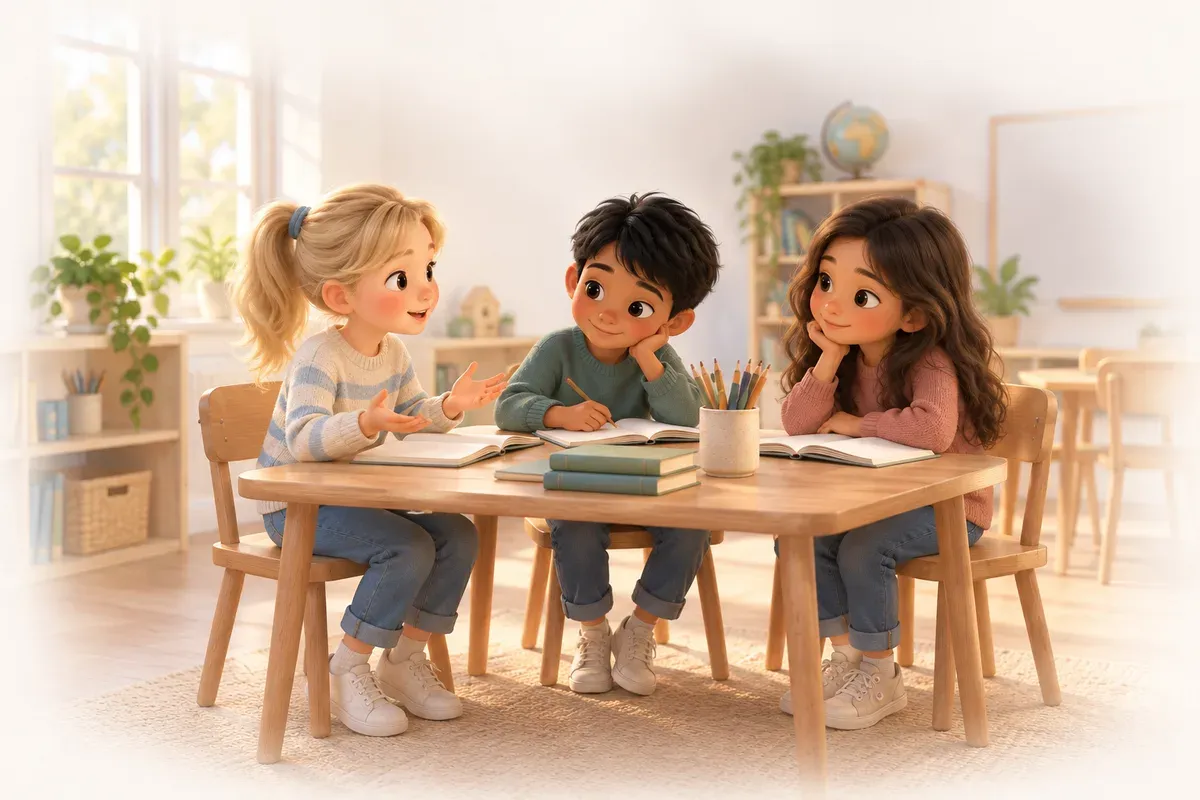 Två barn sitter mitt emot varandra vid ett bord i ett klassrum och pratar, en flicka med blont hår i tofs och ljus hudton och en pojke med svart kort hår och brun hudton, medan en flicka med långt mörkbrunt hår och ljusbrun hudton lyssnar bredvid