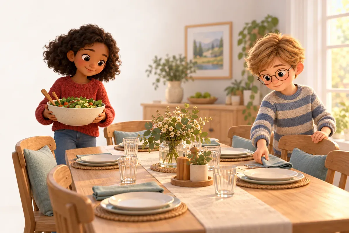 En flicka på elva år med kort krulligt svart hår och mörkbrun hud, i en röd tröja, bär en stor skål med sallad till ett dukat bord, där en pojke på tio år med glasögon, rakt blont hår och ljus hud, i en randig tröja, lägger en servett vid varje tallrik