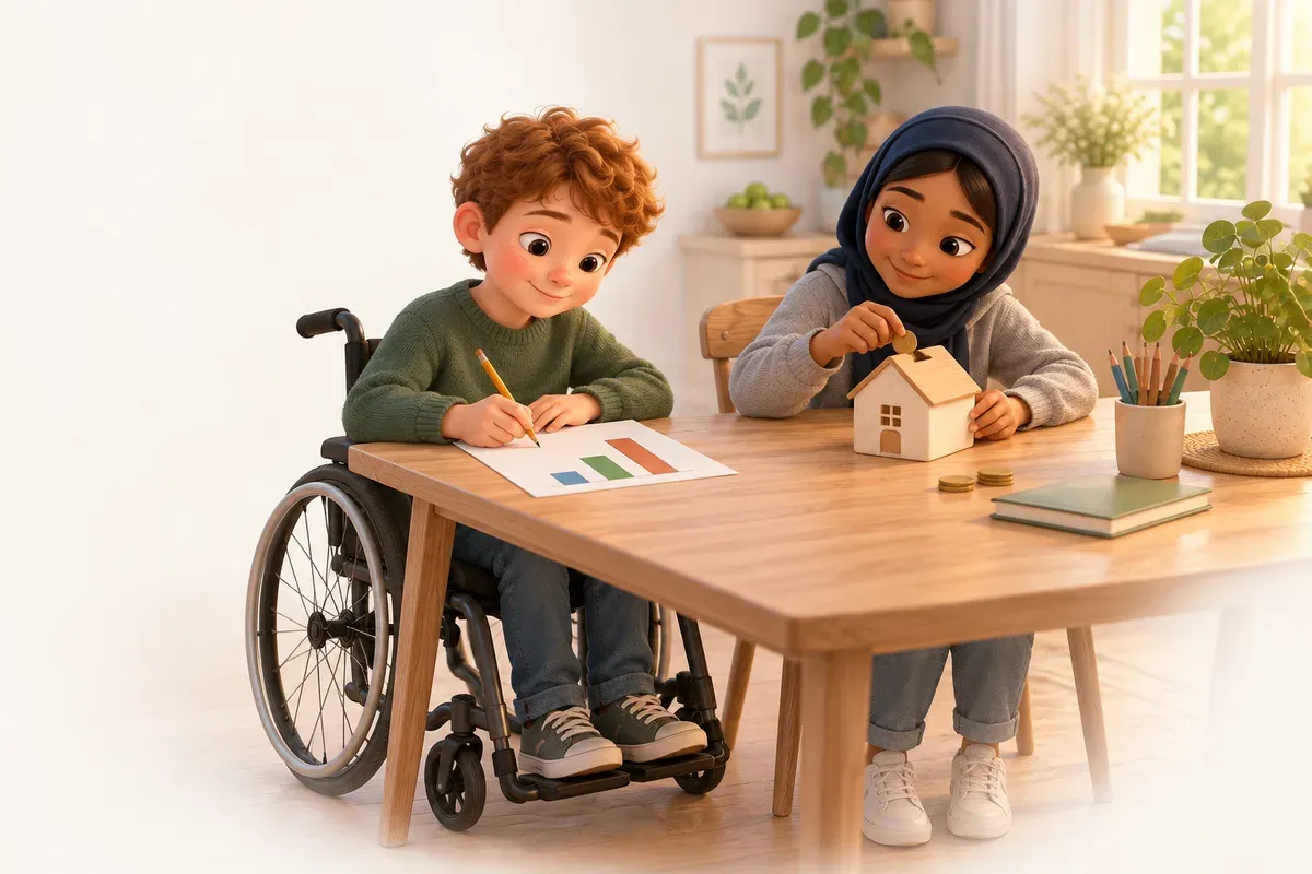 Vid ett köksbord sitter en pojke på elva år i rullstol, med kort lockigt rött hår och ljus hud, i en grön tröja, och ritar en stapel på ett papper, medan en flicka på tolv år med en mörkblå sjal över håret och brun hud, i en grå munkjacka, lägger mynt i en sparbössa formad som ett hus