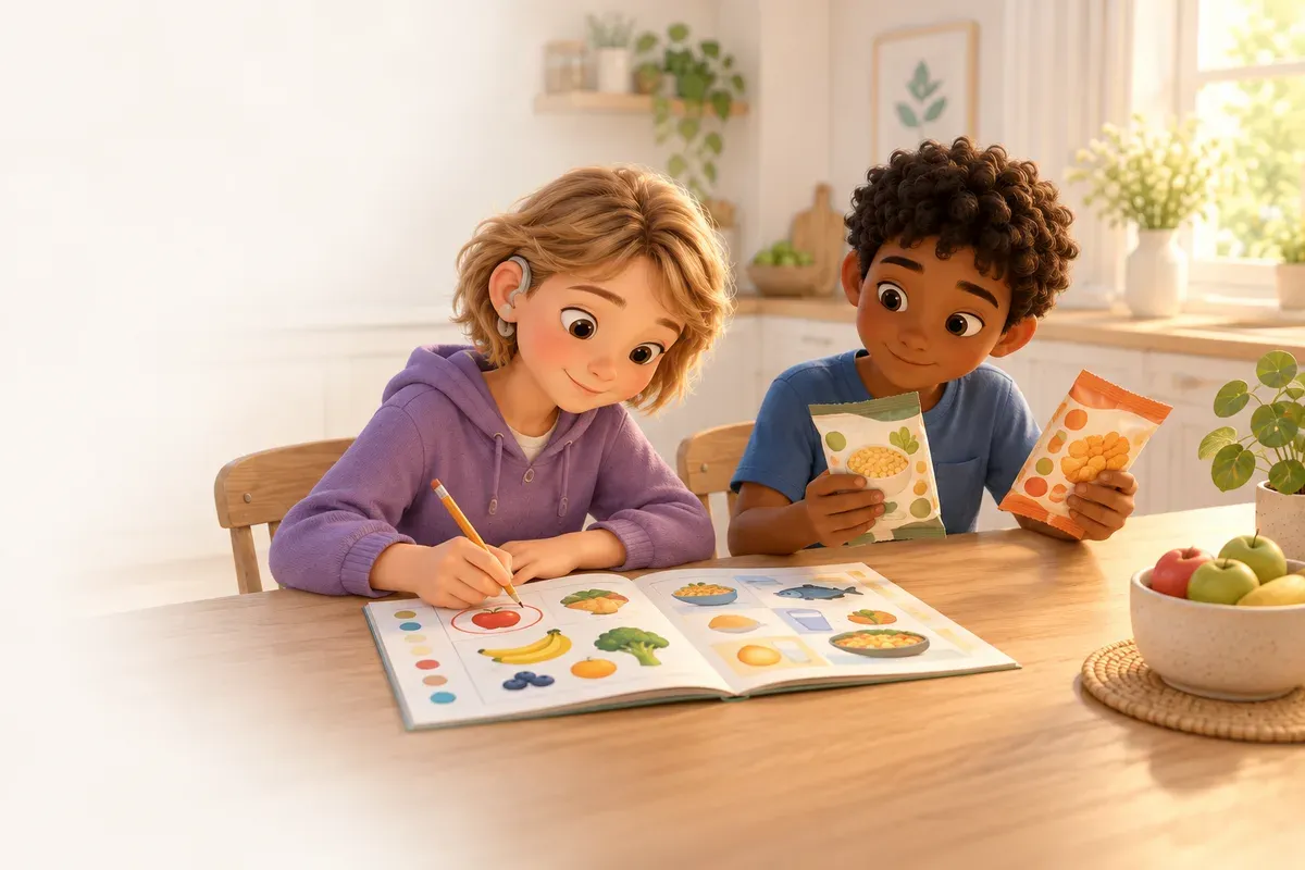 Två barn på tolv år vid ett köksbord med ett reklamblad och två tomma förpackningar: en flicka med hörapparat, kort blont hår och ljus hud, i en lila munkjacka, ringar in bilder med en penna, och en pojke med lockigt svart hår och mörkbrun hud, i en blå t-shirt, jämför baksidorna på två paket