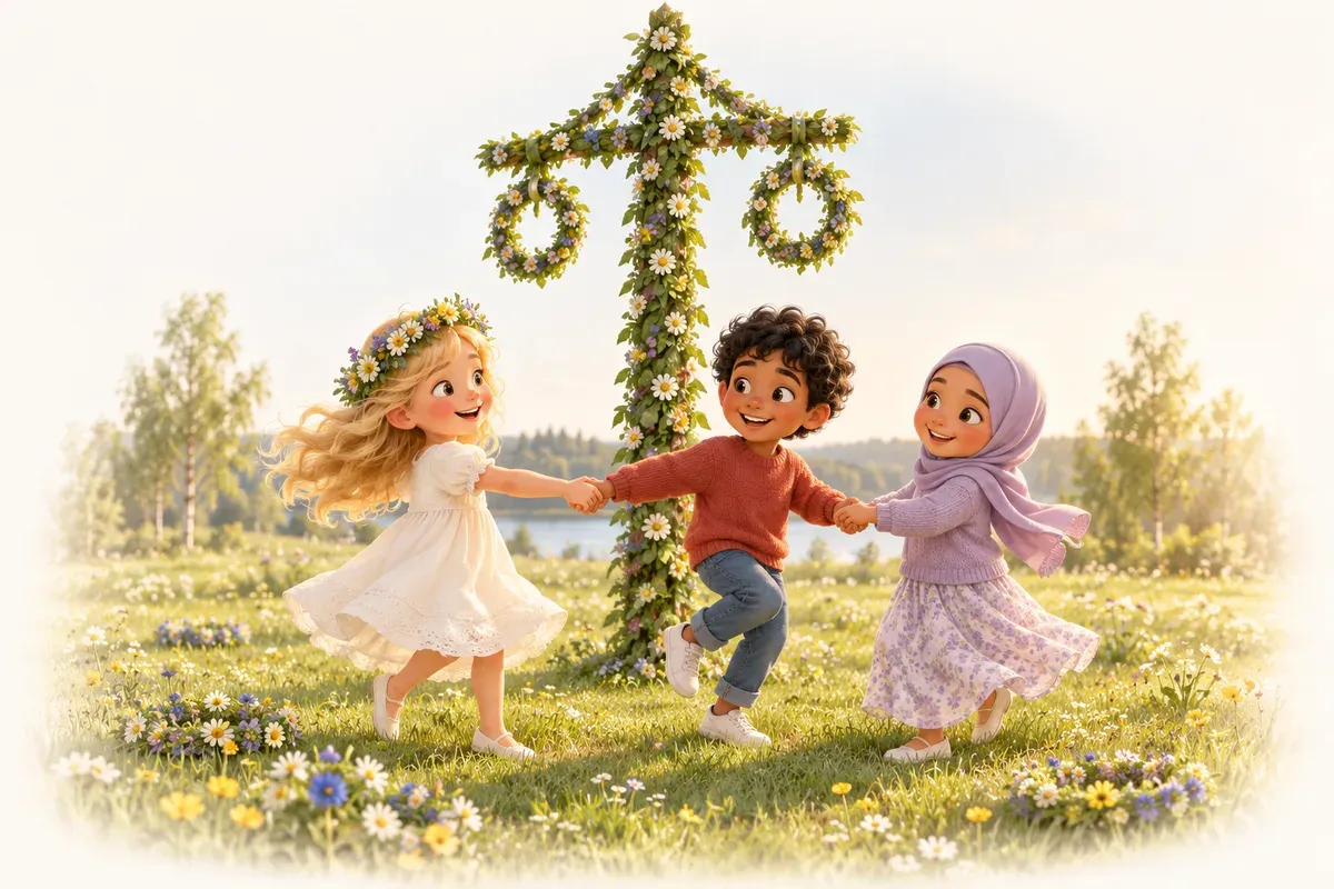Tre barn håller varandra i händerna och dansar i en ring runt en midsommarstång en sommardag: en flicka med långt blont hår, ljus hud och vit klänning, en pojke med svart lockigt hår, brun hud och röd tröja och en flicka med lila hijab, ljusbrun hud och lila tröja
