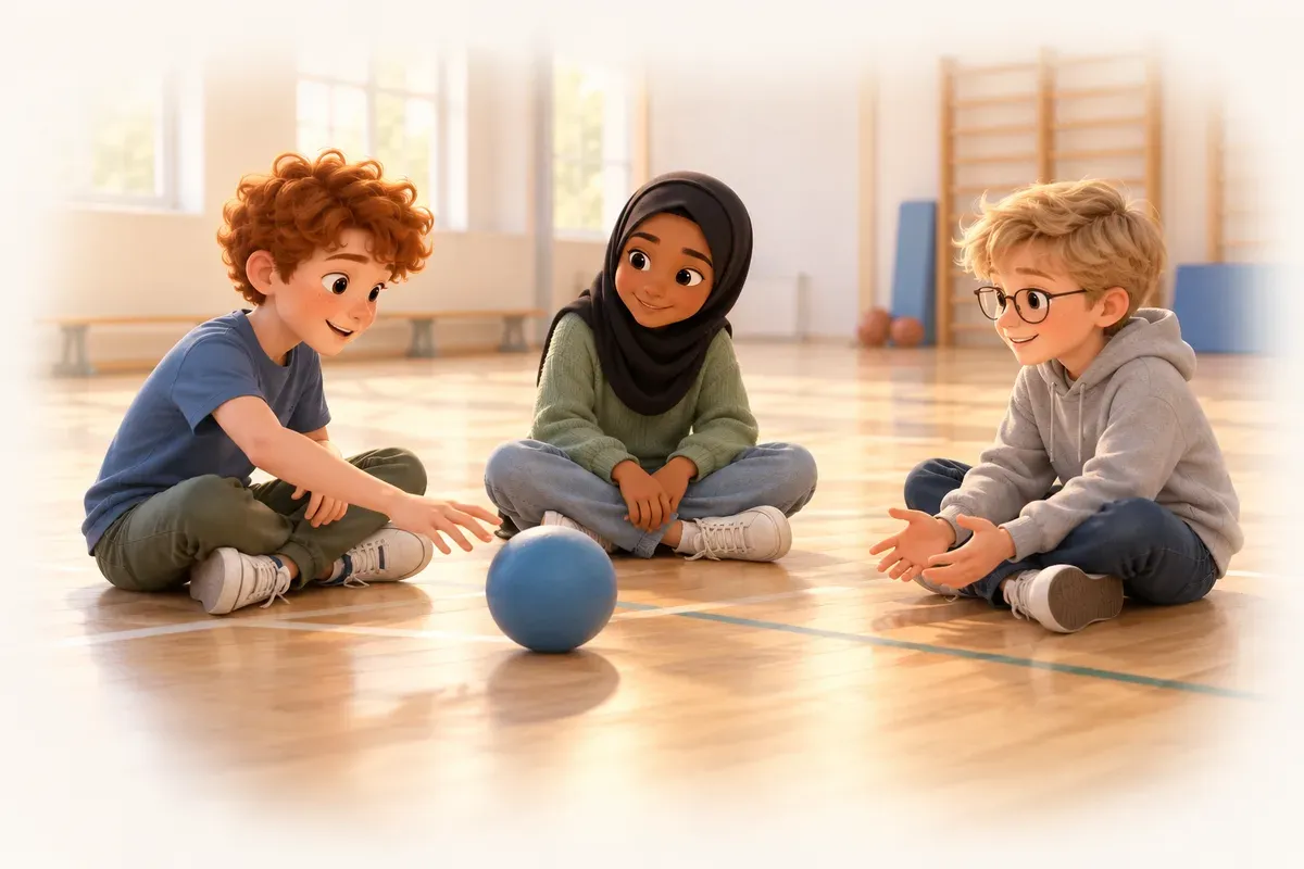 Tre barn i tolvårsåldern sitter på golvet i en idrottshall och rullar en boll mellan sig: en pojke med lockigt rött hår, ljus hud och blå t-shirt, en flicka med svart hijab, brun hud och grön tröja, och en pojke med kort blont hår, glasögon och grå huvtröja