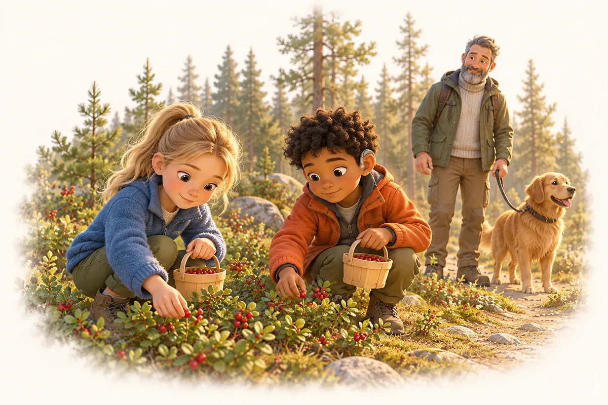 En flicka i elvaårsåldern med långt blont hår i hästsvans, ljus hud och blå fleecetröja och en pojke med kort svart lockigt hår, brun hud, hörapparat och orange jacka plockar lingon bredvid en stig i en tallskog, medan en vuxen med grått skägg står en bit bort med en hund i koppel