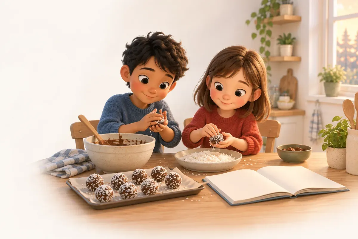 Två barn står vid ett köksbord och rullar chokladbollar i kokos medan ett uppslaget receptpapper ligger bredvid skålen