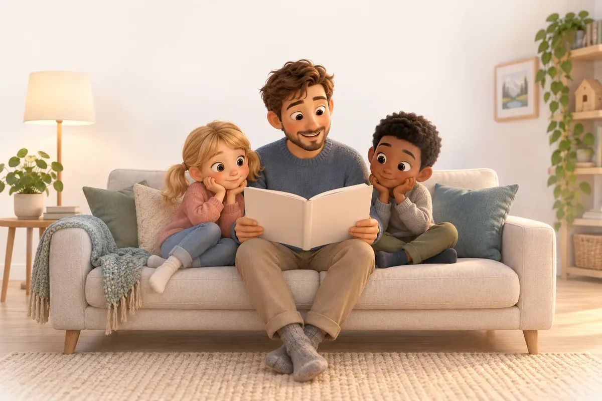 En pappa läser högt ur en bok i soffan medan en flicka och en pojke sitter bredvid honom och lyssnar