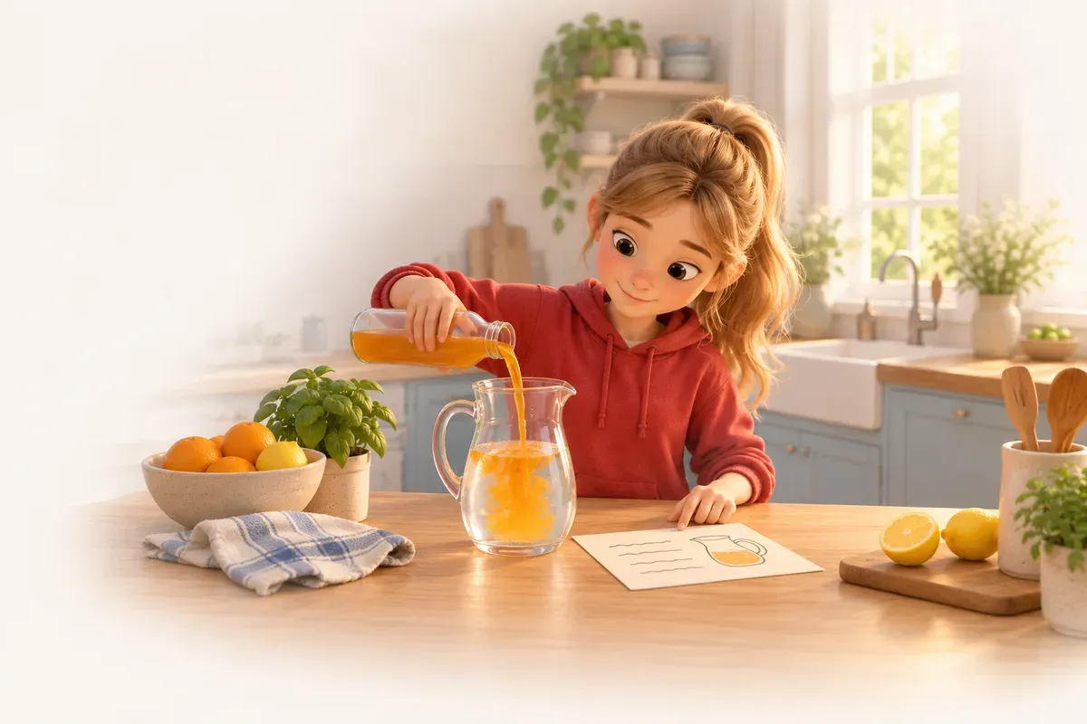 En flicka i elvaårsåldern med ljus hy och långt blont hår i hästsvans står i ett kök i en röd luvtröja. Hon häller saft i en kanna med vatten och tittar på ett handskrivet recept på bänken.