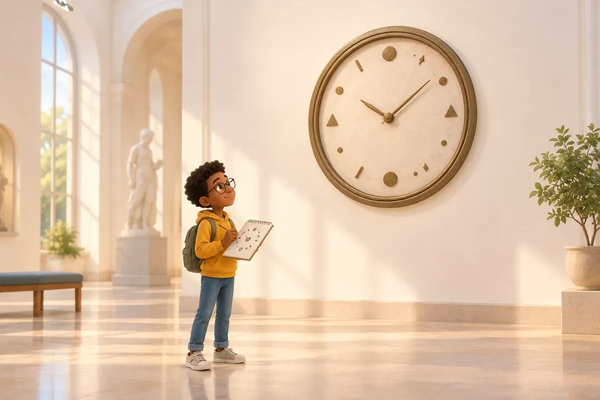 En pojke i elvaårsåldern med mörkbrun hy, kort svart hår och glasögon står i en museisal i en gul munkjacka. Han tittar upp på en stor gammal urtavla på väggen och ritar av streck och former som sitter runt den i ett anteckningsblock.