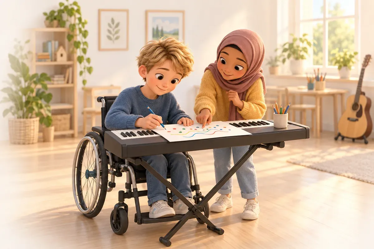 En pojke i elvaårsåldern i rullstol, med kort blont hår, ljus hud och blå skjorta, sitter vid ett keyboard i ett klassrum och ritar färgade prickar och vågiga linjer på ett papper, medan en flicka med hijab, brun hud och gul tröja pekar på papperet och nynnar
