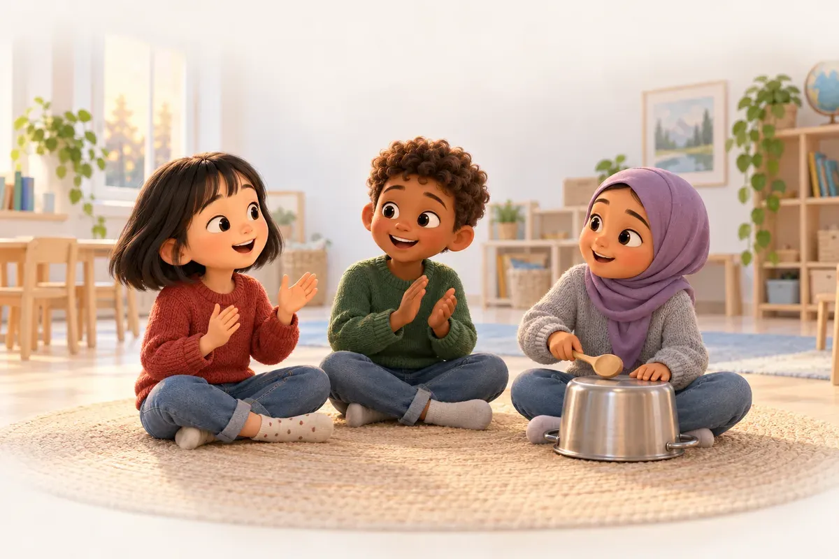 En flicka med svart hår i page, ljus hud och röd tröja sjunger, en pojke med kort lockigt brunt hår, brun hud och grön tröja klappar händerna, och en flicka med lila hijab, ljusbrun hud och grå tröja slår lätt med en slev på en kastrull, i en ring på golvet i ett klassrum