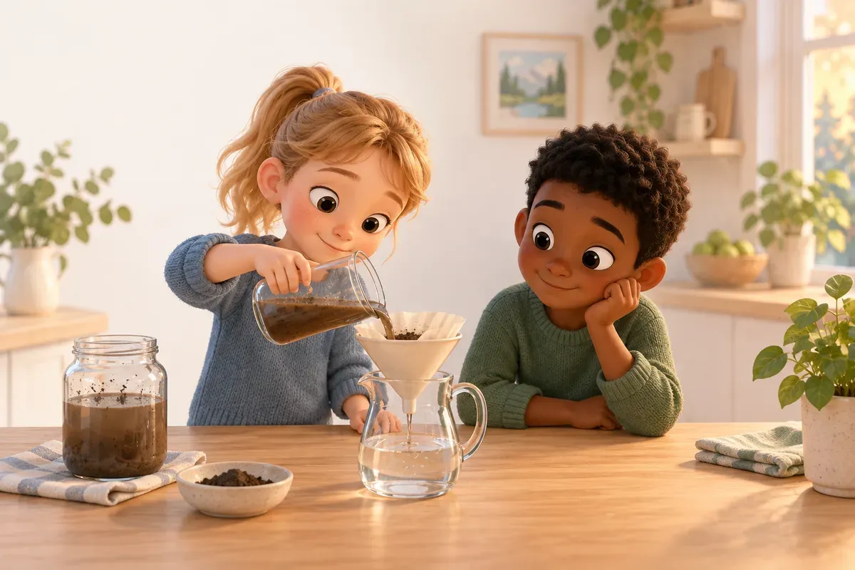 En flicka med ljust hår i hästsvans och ljus hud och en pojke med kort svart hår och mörkbrun hud häller grumligt vatten genom ett kaffefilter i en tratt vid ett köksbord