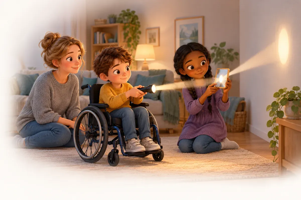 En pojke på tio år som sitter i rullstol, med kort brunt hår och olivfärgad hud, i gul tröja, lyser med en ficklampa på en liten spegel som en flicka på elva år med två flätor, svart hår och mörk hud, i lila klänning över byxor, håller snett. En ljusfläck syns på väggen i ett nedsläckt vardagsrum, och en vuxen kvinna med ljust hår i knut och ljus hud, i grå tröja, sitter bredvid