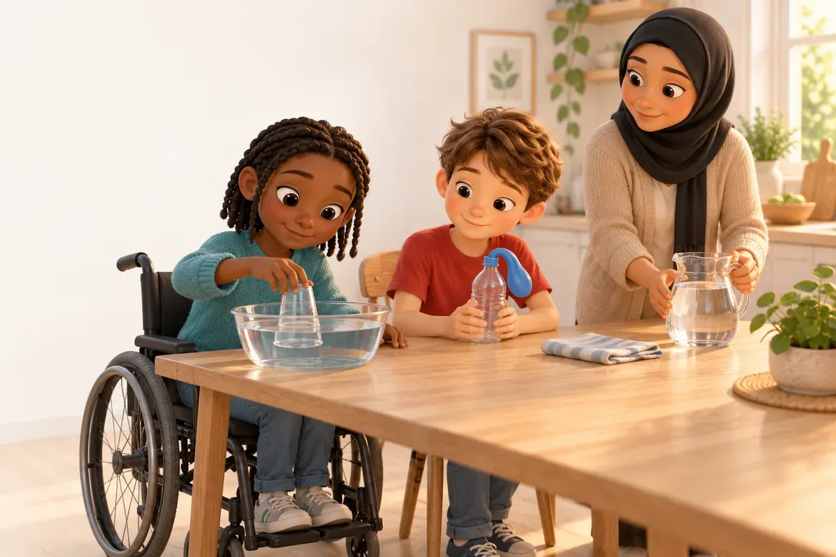En flicka på elva år i rullstol, med korta svarta flätor och mörkbrun hud, i turkos tröja, trycker ner en upp-och-nervänd plastmugg i en balja med vatten på ett köksbord, medan en pojke på tio år med ljusbrunt rufsigt hår och ljus hud, i röd t-shirt, håller en petflaska med en slapp ballong på, och en vuxen kvinna med svart hijab och ljusbrun hud, i beige kofta, ställer fram en kanna vatten