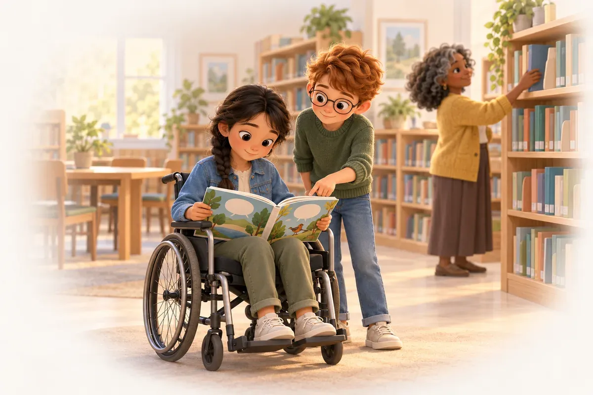 I ett skolbibliotek sitter en flicka på elva år i rullstol, med långt svart hår i en fläta och ljusbrun hud, i blå jeansjacka, och läser i en faktabok med tecknade pratbubblor på omslaget. Bredvid henne står en pojke på tolv år med kort rött hår, ljus hud och glasögon, i grön tröja, och pekar på en rad i boken. Vid hyllan bakom dem letar en vuxen bibliotekarie med lockigt grått hår och mörk hud, i gul kofta, efter en bok