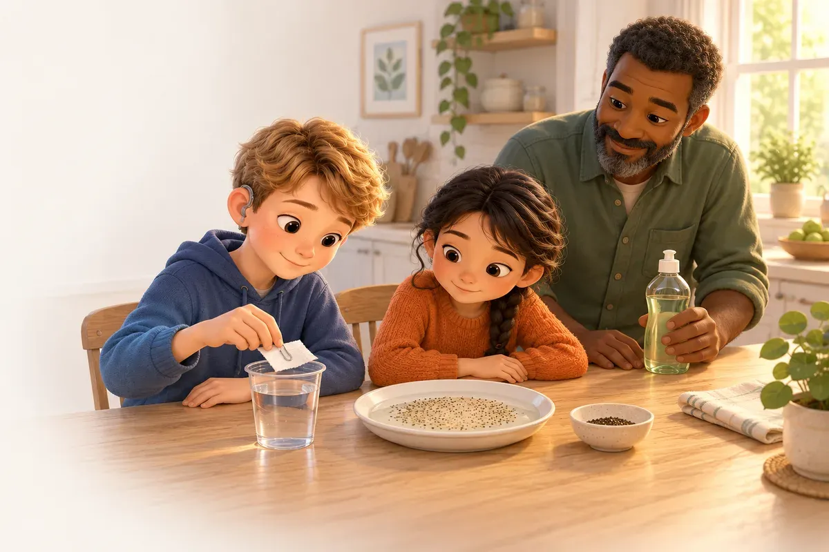 En pojke på tolv år med hörapparat, kort blont hår och ljus hud, i blå munkjacka, lägger försiktigt en bit hushållspapper med ett gem på vattnet i en plastmugg vid ett köksbord, medan en flicka på tio år med långt svart hår i fläta och ljusbrun hud, i orange tröja, tittar på en tallrik med vatten och svartpeppar, och en vuxen man med grått skägg och mörkbrun hud, i grön skjorta, står bredvid med en flaska diskmedel