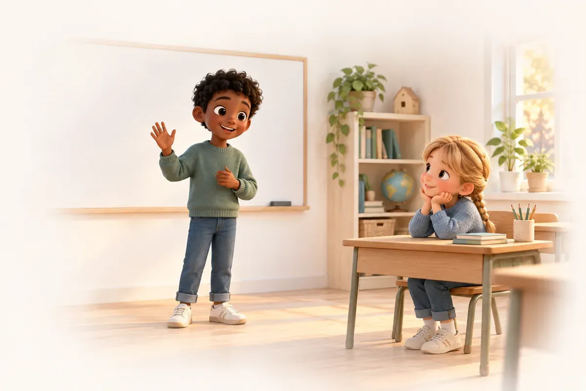 En pojke med kort svart lockigt hår och mörk hudton står framme vid tavlan i ett klassrum och vinkar medan han presenterar sig, och en flicka med ljust hår i en fläta och ljus hudton sitter i bänken och lyssnar
