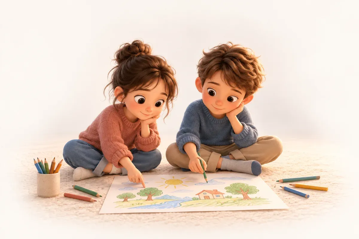 Två barn sitter på golvet, ritar på ett stort papper och pekar medan de funderar tillsammans