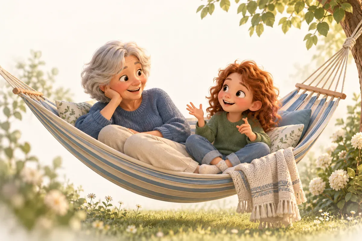 En mormor och ett barn sitter i en hängmatta och skrattar medan de hittar på ramsor tillsammans