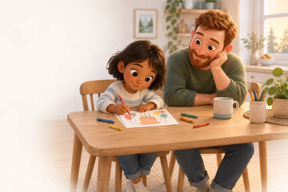 En flicka med kort mörkbrunt hår och brun hudton sitter vid köksbordet hemma och skriver ett födelsedagskort med färgpennor, och en pappa med rött skägg och ljus hudton sitter bredvid och tittar på