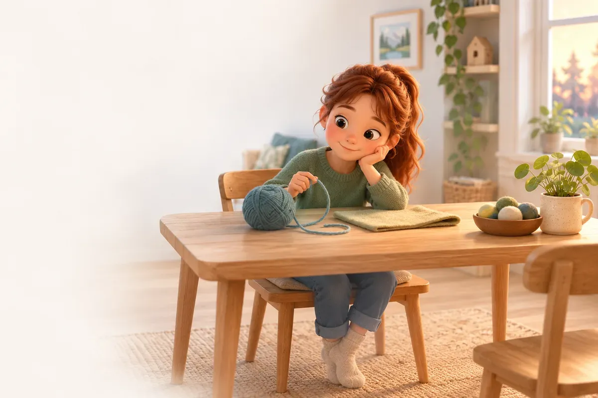 En flicka med långt rött hår i en hästsvans, ljus hud med fräknar och grön tröja sitter vid ett köksbord med ett garnnystan och en bit filt framför sig