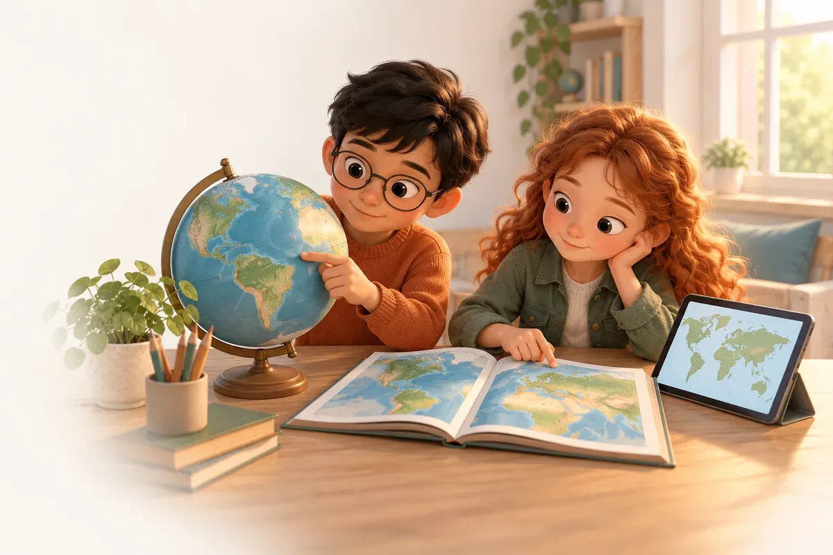 Två barn i tioårsåldern sitter vid ett bord i ett klassrum med en jordglob, en uppslagen atlas och en surfplatta med en karta på skärmen. En pojke med glasögon, kort svart rakt hår och ljusbrun hud i en orange tröja följer en linje på jordgloben med fingret, och en flicka med långt rött lockigt hår och ljus hud med fräknar i en grön jeansjacka jämför atlasen med surfplattan