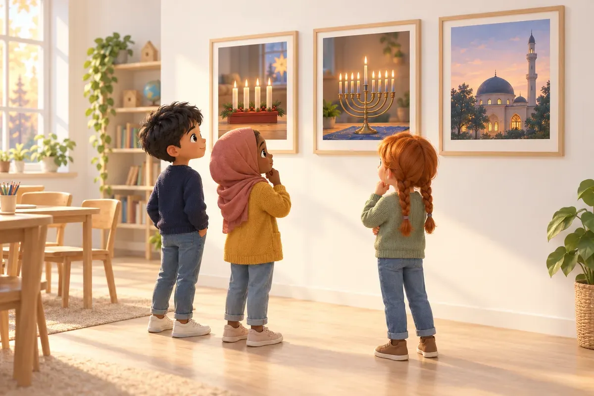 En pojke med kort svart hår och ljusbrun hud, en flicka med sjal och mörkbrun hud och en flicka med rött hår i två flätor och ljus hud tittar tillsammans på tre bilder på en vägg i ett klassrum: en adventsljusstake, en chanukkia och en moské i kvällsljus