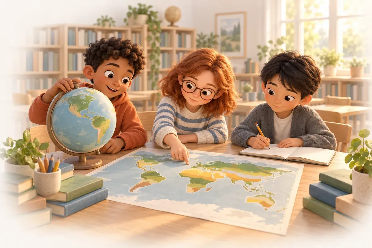 Tre barn i tioårsåldern sitter vid ett bord i ett skolbibliotek med en stor jordglob och en världskarta i grönt, gult, brunt och vitt. En pojke med kort svart lockigt hår och mörkbrun hud i en orange huvtröja snurrar jordgloben, en flicka med glasögon, axellångt rött hår och ljus hud med fräknar i en randig tröja pekar på det gula bandet på kartan, och en pojke med rakt svart hår och ljusbrun hud i en grå kofta antecknar i ett häfte