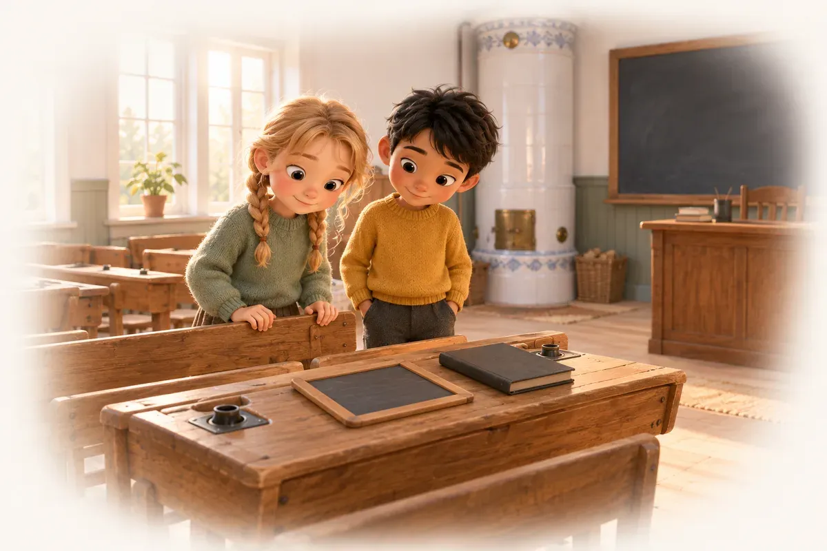 En flicka med ljust hår i två flätor och ljus hud och en pojke med kort svart hår och ljusbrun hud tittar på gamla skolbänkar, en griffeltavla och en liten svart bok i ett skolmuseum