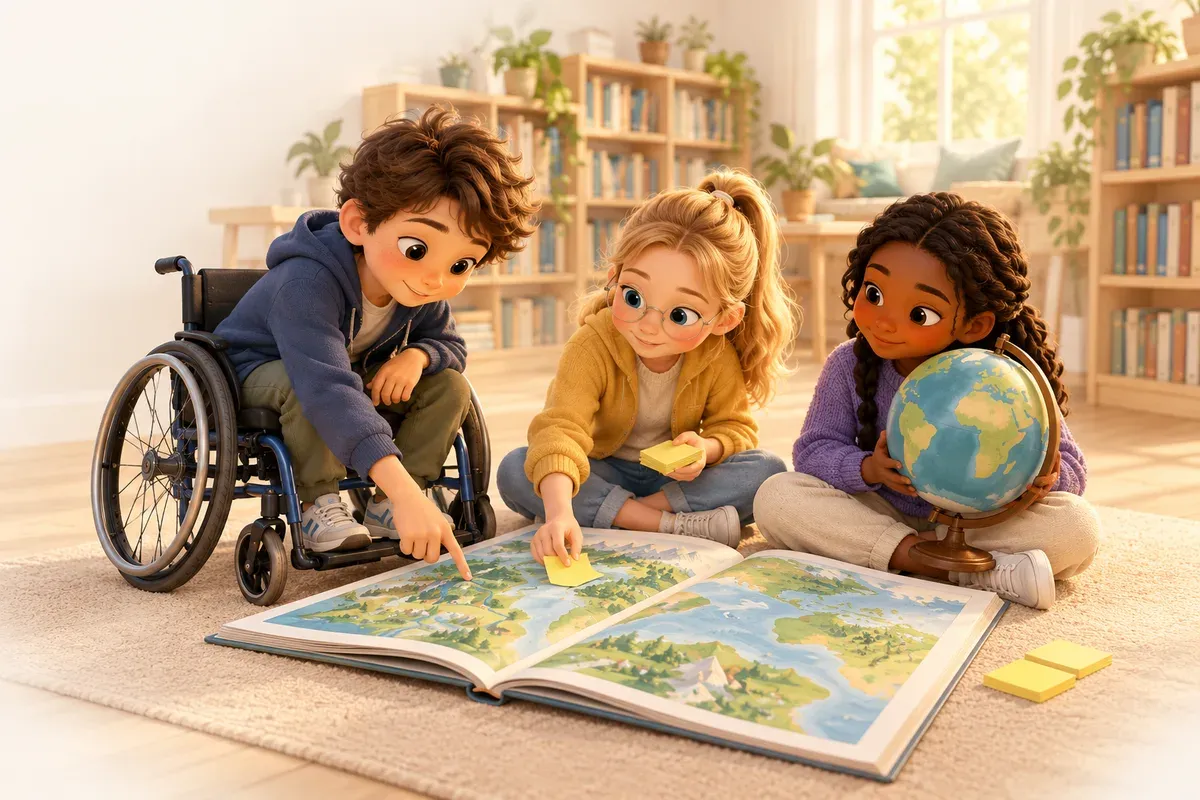 Tre barn i tolvårsåldern sitter på golvet i ett bibliotek runt en stor uppslagen atlas. En pojke i rullstol med kort brunt lockigt hår och olivfärgad hud i en mörkblå huvtröja följer en blå linje på kartan med fingret, en flicka med glasögon, långt ljust hår i en hästsvans och ljus hud i en gul jacka skriver på gula klisterlappar, och en flicka med svart hår i flätor och mörkbrun hud i en lila tröja håller upp en jordglob