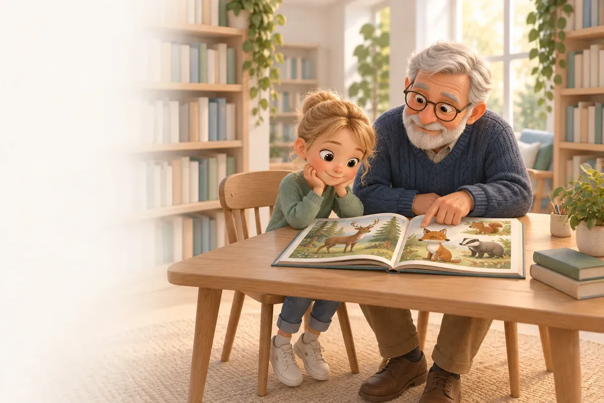En flicka och hennes morfar sitter vid ett bord i ett bibliotek och bläddrar i en stor faktabok om djur i skogen