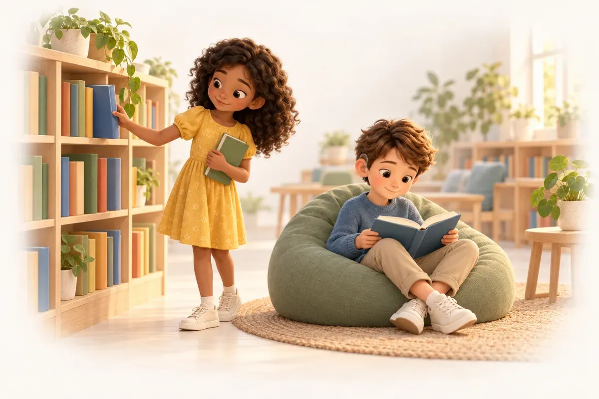 En flicka i tioårsåldern med svart lockigt hår, brun hy och gul klänning väljer en bok vid en bokhylla i ett bibliotek. Bredvid henne sitter en pojke i elvaårsåldern med kort brunt hår, ljus hy, blå tröja och hörapparat på en sittsäck och läser.