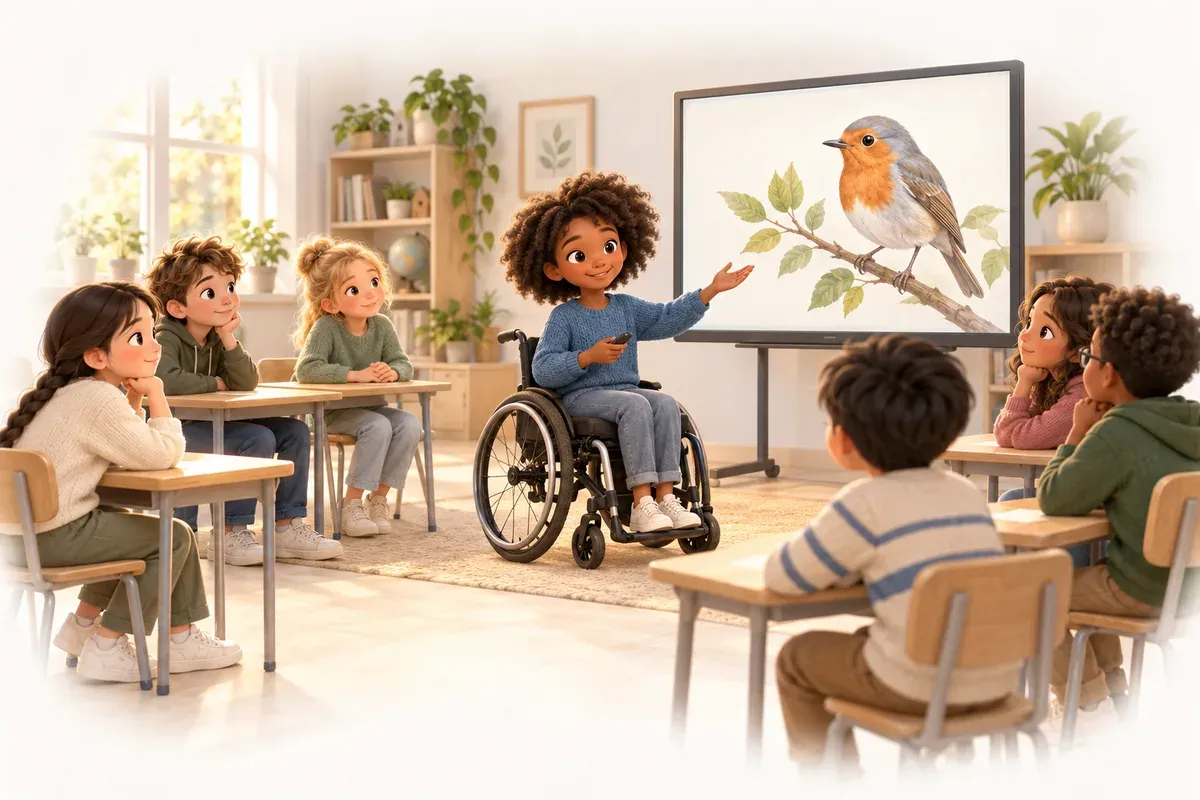 En flicka i elvaårsåldern med brun hy och kort afrofrisyr sitter i rullstol framme i ett klassrum. Hon har en blå tröja och visar ett bildspel med en bild på en fågel på en stor skärm, medan klasskamraterna lyssnar från sina bänkar.