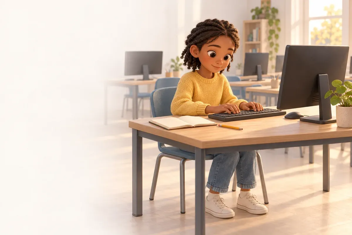 En flicka i elvaårsåldern med mörk hy, korta flätor och gul tröja sitter i skolans datasal och skriver på ett tangentbord med fingrarna på mittraden. Bredvid tangentbordet ligger en penna och ett anteckningsblock.