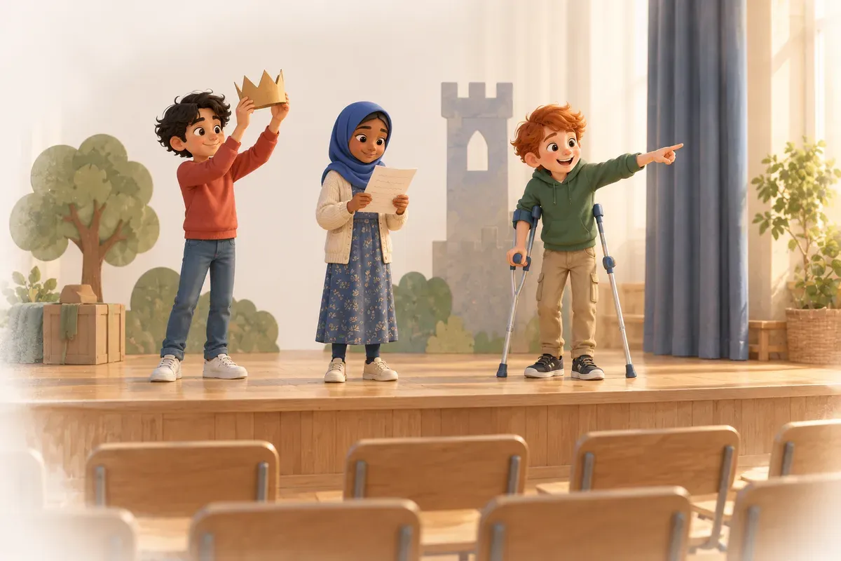 Tre barn i elvaårsåldern spelar teater med enkel rekvisita på en liten scen i skolans aula. En pojke med svart hår och ljus hy i röd skjorta håller upp en krona av papp, en flicka med brun hy och blå hijab läser ur ett manus, och en pojke med rött hår, ljus hy och kryckor pekar ut mot stolsraderna.