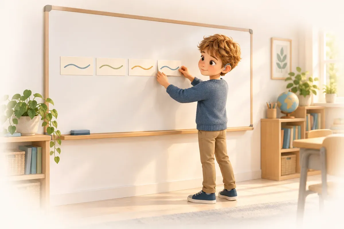 En pojke i tolvårsåldern med ljusbrun lugg, ljus hy, blå tröja och en hörapparat bakom örat står vid en whiteboard i klassrummet. Han flyttar pappersremsor med vågiga streck för att bygga en mening.