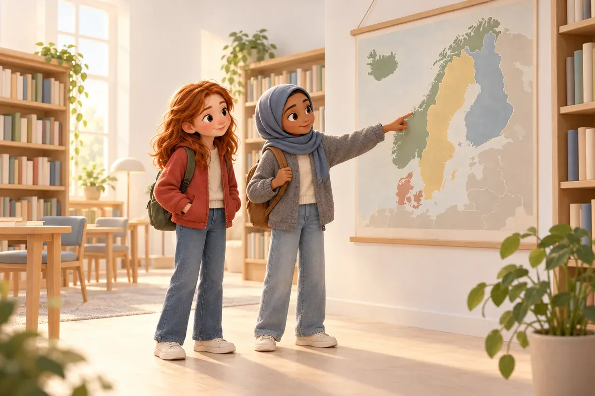 Två flickor i tolvårsåldern står i ett bibliotek och tittar på en stor karta över Norden som sitter på väggen. Den ena har ljus hy, rött hår och röd jacka. Den andra har brun hy, hijab och grå jacka och pekar på kartan.