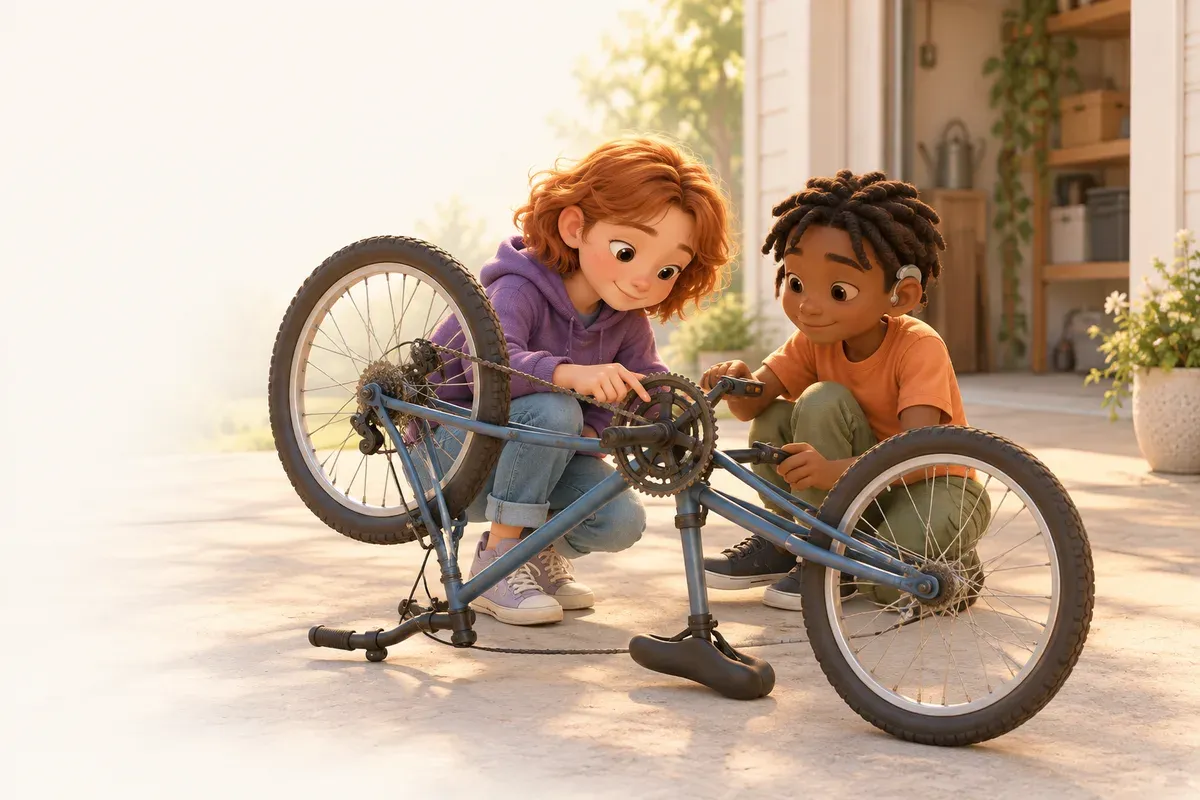 En flicka i tolvårsåldern med kort rött hår, ljus hud med fräknar och en lila munkjacka räknar kuggarna på en cykel som står upp och ner på en garageuppfart, och bredvid henne sitter en pojke med svart hår i små flätor, mörkbrun hud, en hörapparat och en orange t-shirt och vrider långsamt på pedalen